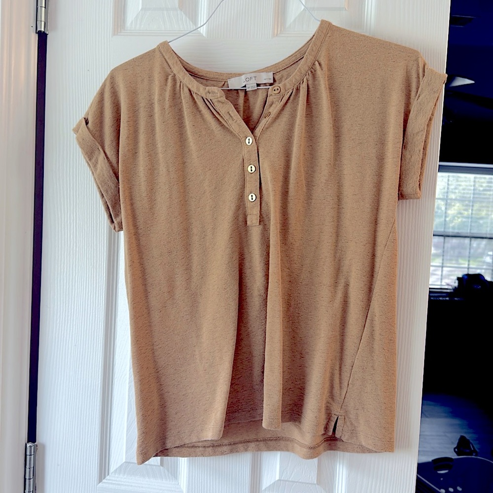 Tan Loft blouse in petite M. Gold buttons.